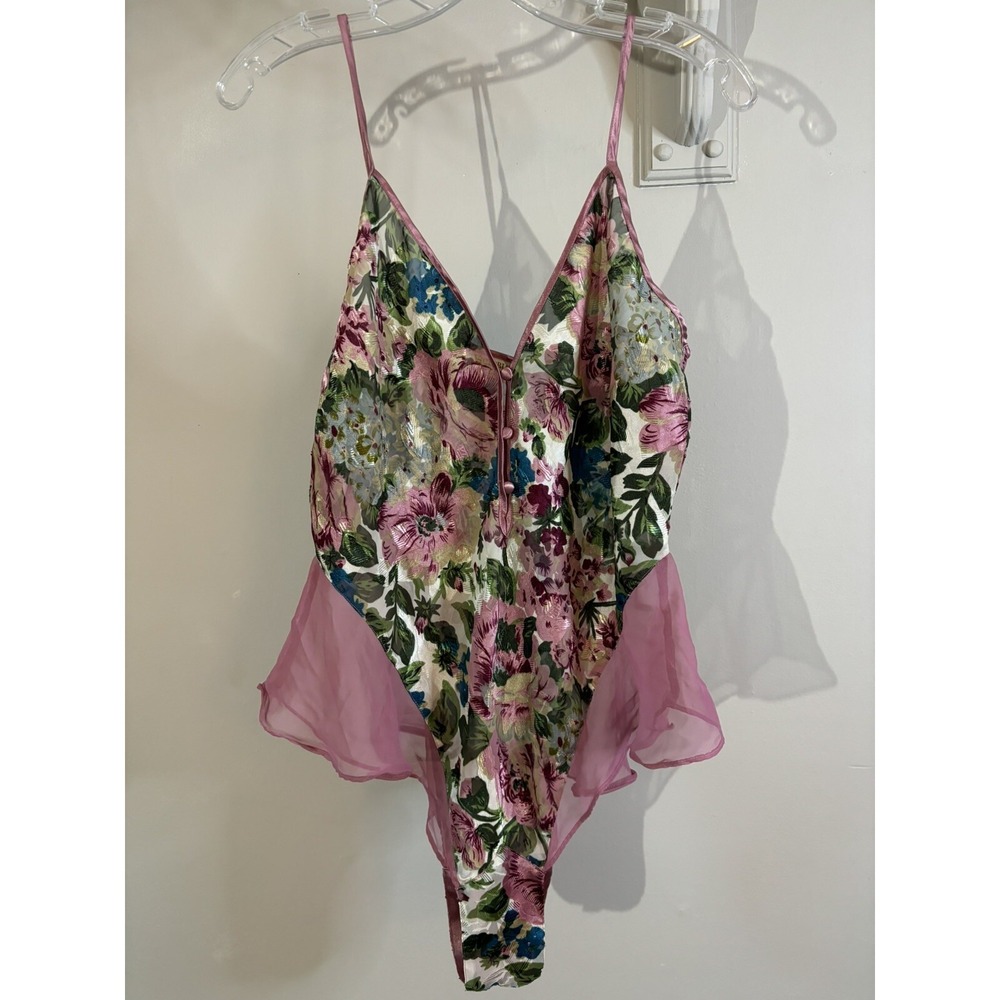 VTG VICTORIA'S SECRET Mauve Floral Teddy M Sheer Ruffle Gold Label Sexy